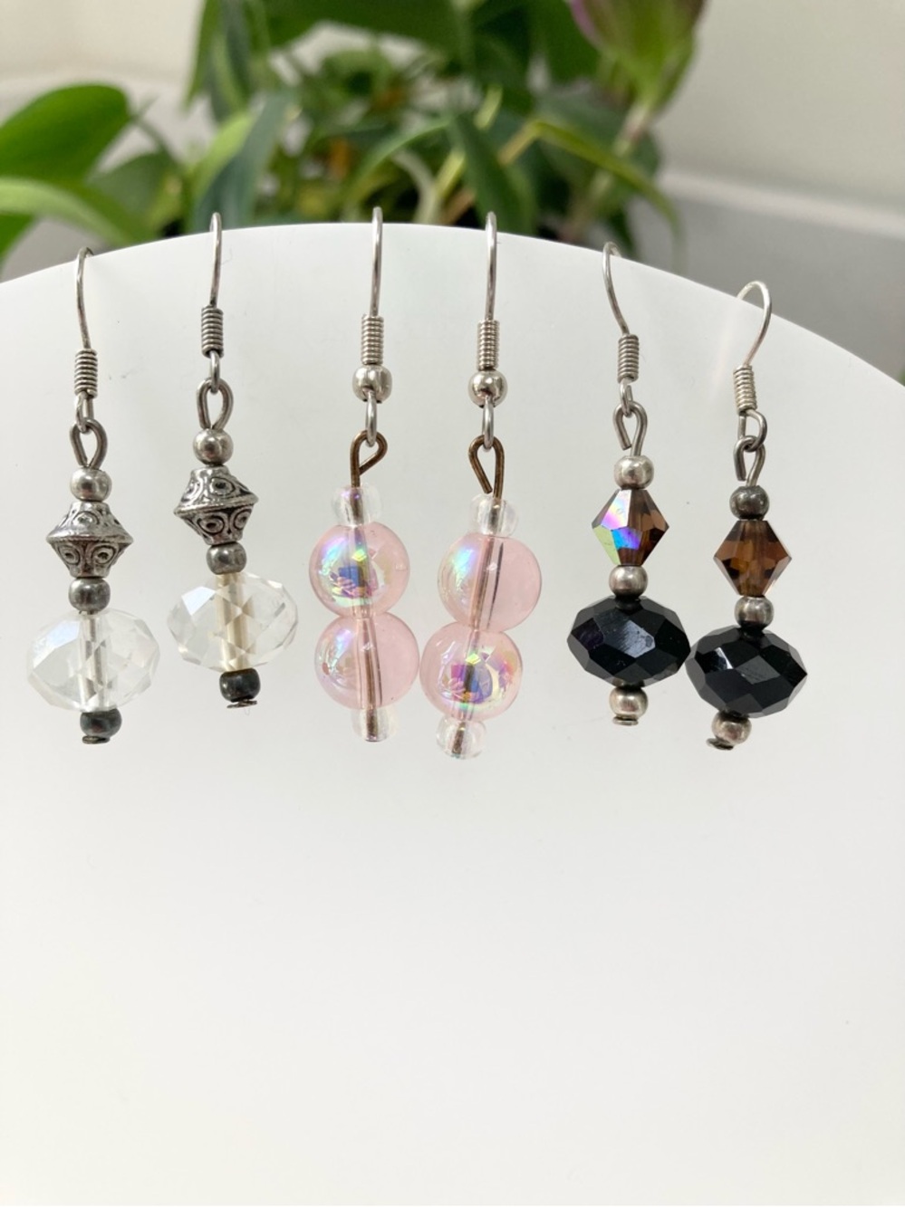 3 pairs of handmade, beaded, pierced, dangle earrings, vintage